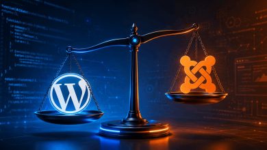 ترازوی دیجیتال با لوگوی وردپرس و جوملا که مقایسه این دو سیستم مدیریت محتوا