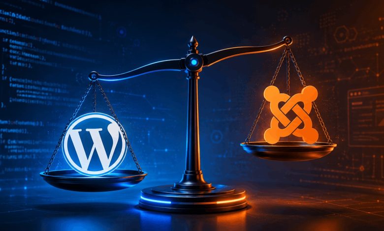ترازوی دیجیتال با لوگوی وردپرس و جوملا که مقایسه این دو سیستم مدیریت محتوا